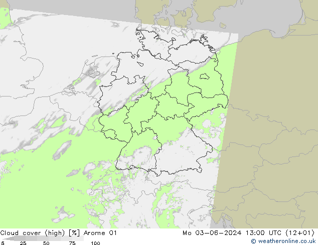 Cloud cover (high) Arome 01 Mo 03.06.2024 13 UTC