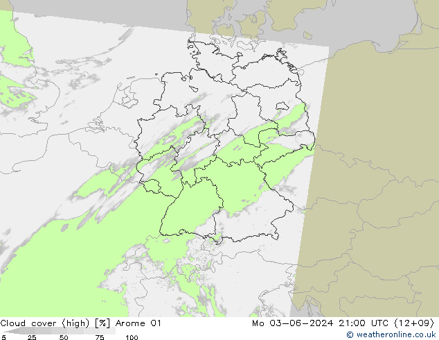 Cloud cover (high) Arome 01 Mo 03.06.2024 21 UTC