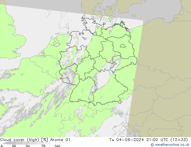 Cloud cover (high) Arome 01 Tu 04.06.2024 21 UTC