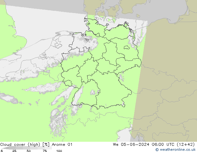 Cloud cover (high) Arome 01 We 05.06.2024 06 UTC