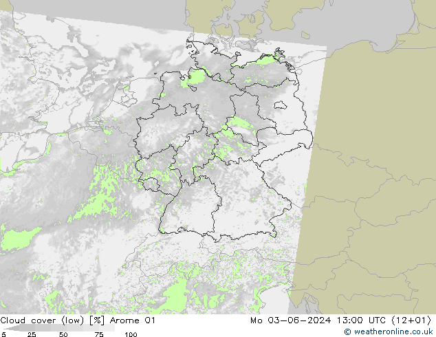 Cloud cover (low) Arome 01 Mo 03.06.2024 13 UTC