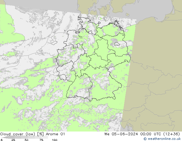 Cloud cover (low) Arome 01 We 05.06.2024 00 UTC