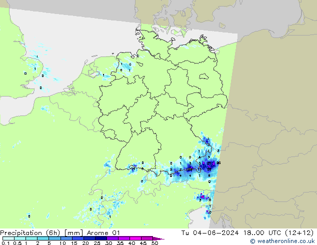 Totale neerslag (6h) Arome 01 di 04.06.2024 00 UTC