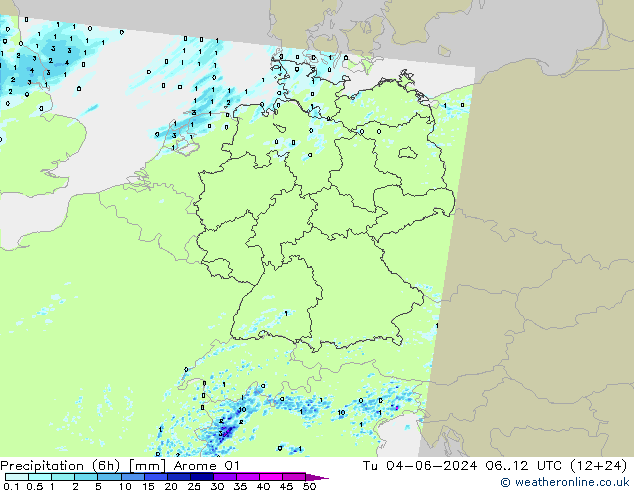 Precipitation (6h) Arome 01 Út 04.06.2024 12 UTC