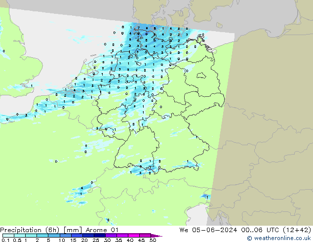 Precipitation (6h) Arome 01 We 05.06.2024 06 UTC