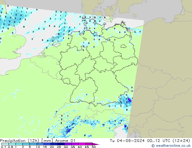 Precipitation (12h) Arome 01 Út 04.06.2024 12 UTC