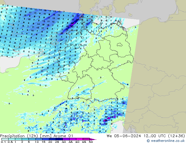 Precipitation (12h) Arome 01 We 05.06.2024 00 UTC