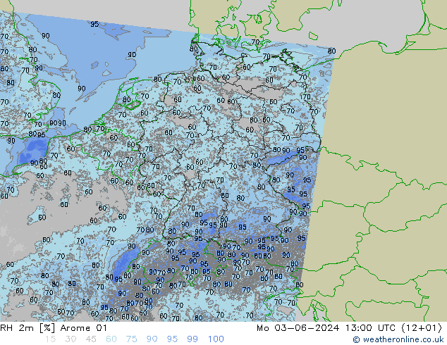 Humidité rel. 2m Arome 01 lun 03.06.2024 13 UTC