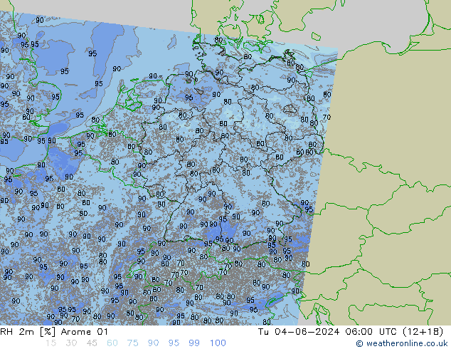 RH 2m Arome 01 Tu 04.06.2024 06 UTC