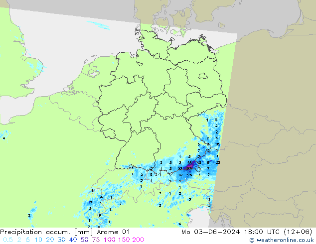 Precipitation accum. Arome 01 Seg 03.06.2024 18 UTC