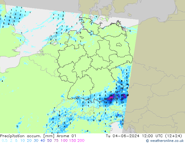 Precipitation accum. Arome 01 星期二 04.06.2024 12 UTC