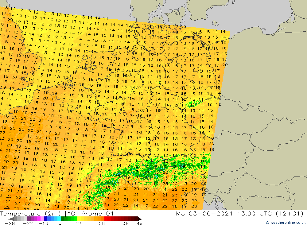 Sıcaklık Haritası (2m) Arome 01 Pzt 03.06.2024 13 UTC