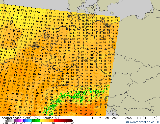 Temperature (2m) Arome 01 Tu 04.06.2024 12 UTC