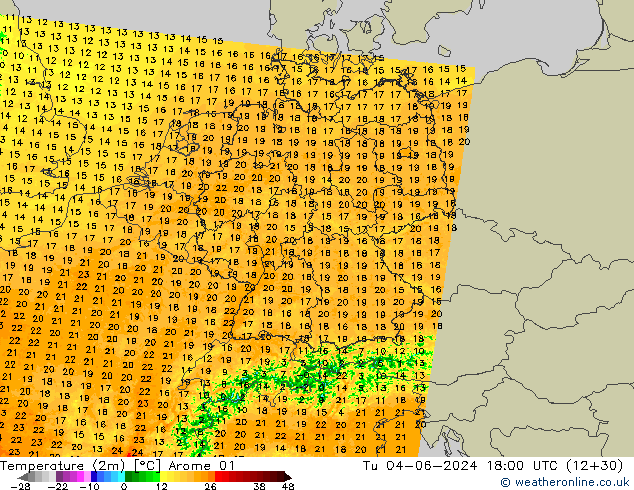 Temperaturkarte (2m) Arome 01 Di 04.06.2024 18 UTC