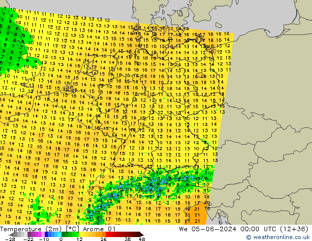 Temperatura (2m) Arome 01 mer 05.06.2024 00 UTC