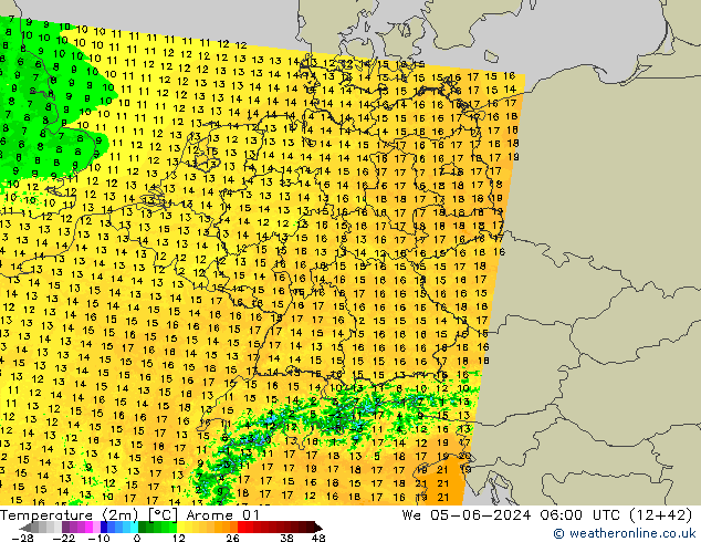 Temperatura (2m) Arome 01 Qua 05.06.2024 06 UTC