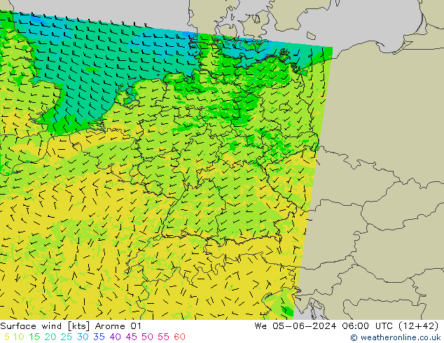 wiatr 10 m Arome 01 śro. 05.06.2024 06 UTC