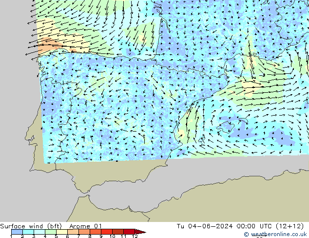 Bodenwind (bft) Arome 01 Di 04.06.2024 00 UTC