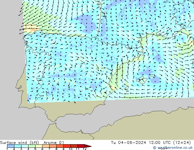 Wind 10 m (bft) Arome 01 di 04.06.2024 12 UTC