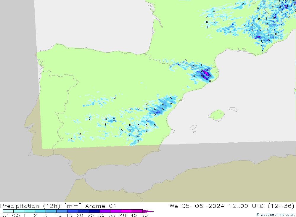 Precipitation (12h) Arome 01 We 05.06.2024 00 UTC