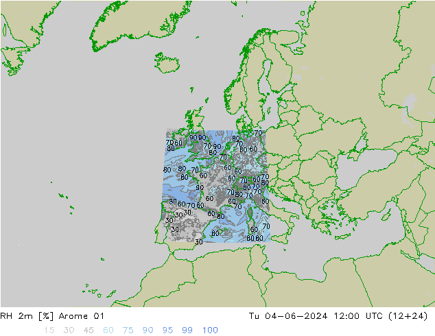 Humidité rel. 2m Arome 01 mar 04.06.2024 12 UTC