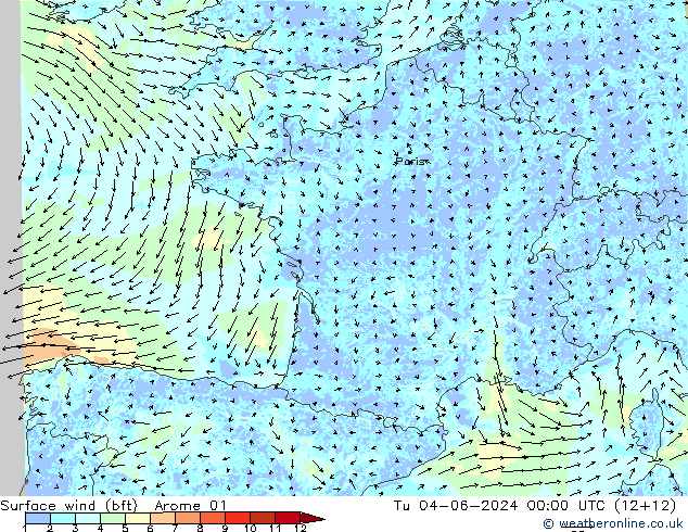 Surface wind (bft) Arome 01 Tu 04.06.2024 00 UTC