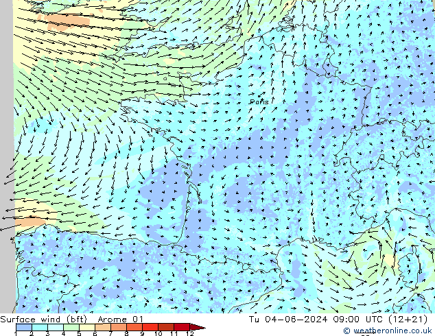 Wind 10 m (bft) Arome 01 di 04.06.2024 09 UTC
