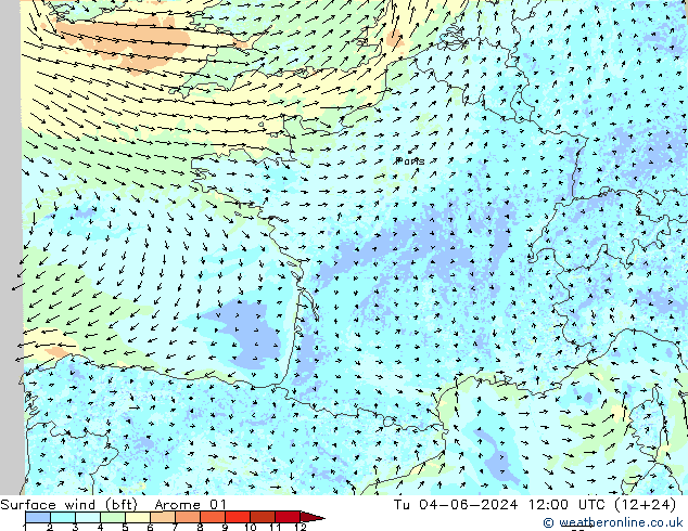 Surface wind (bft) Arome 01 Út 04.06.2024 12 UTC