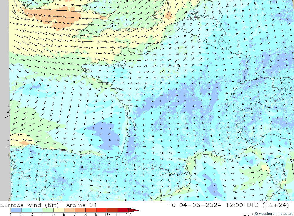 Bodenwind (bft) Arome 01 Di 04.06.2024 12 UTC