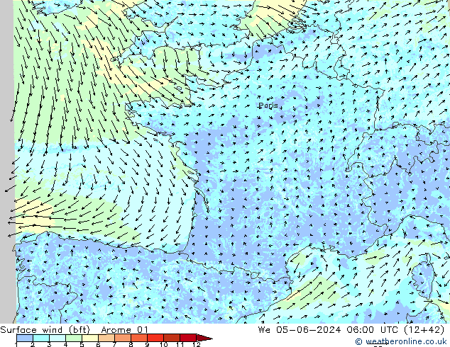 Surface wind (bft) Arome 01 We 05.06.2024 06 UTC