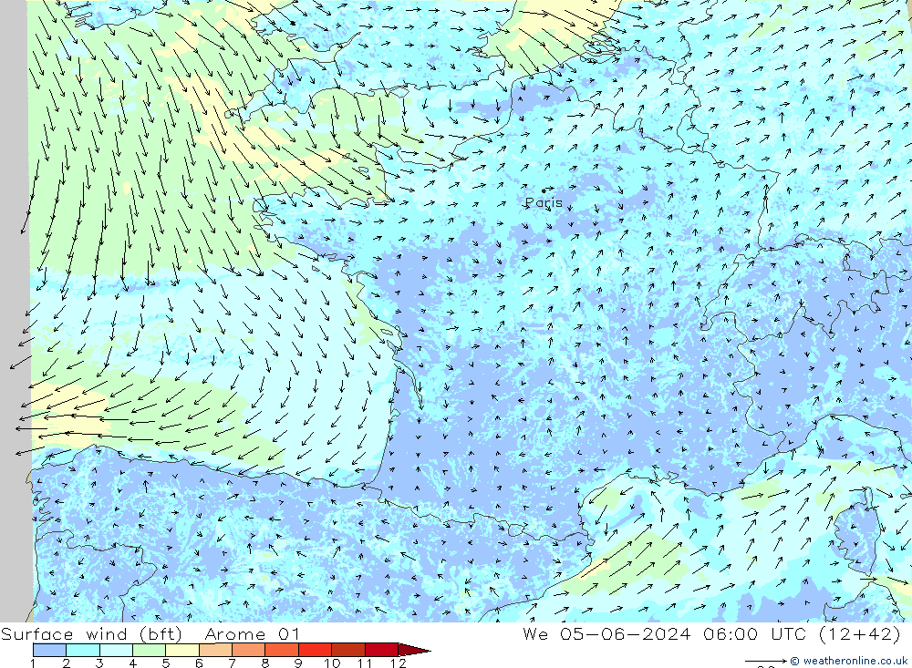 Vent 10 m (bft) Arome 01 mer 05.06.2024 06 UTC