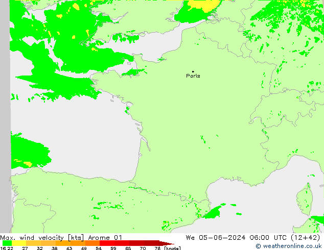 Max. wind velocity Arome 01  05.06.2024 06 UTC