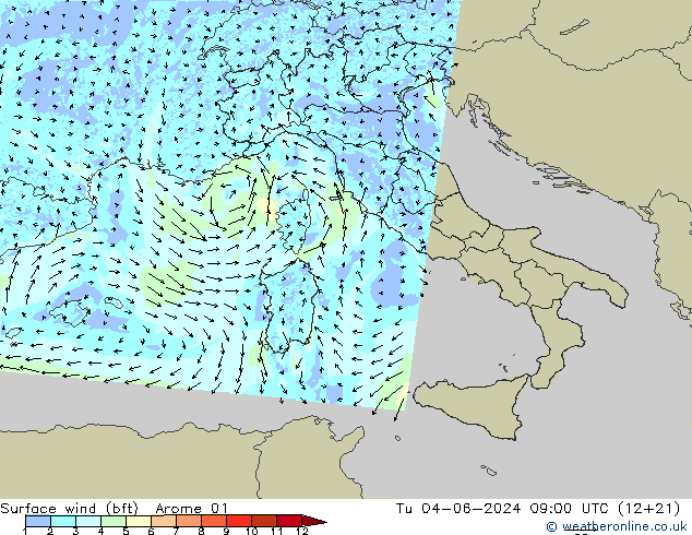 Surface wind (bft) Arome 01 Tu 04.06.2024 09 UTC