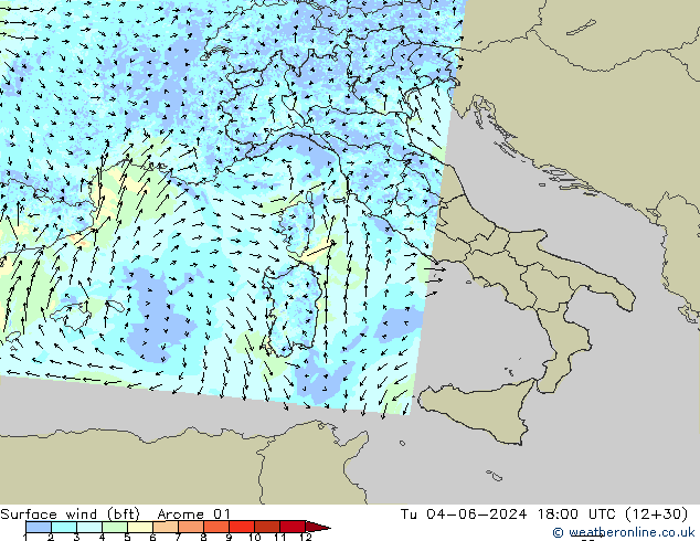 Vento 10 m (bft) Arome 01 mar 04.06.2024 18 UTC