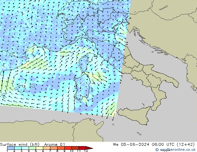 Viento 10 m (bft) Arome 01 mié 05.06.2024 06 UTC