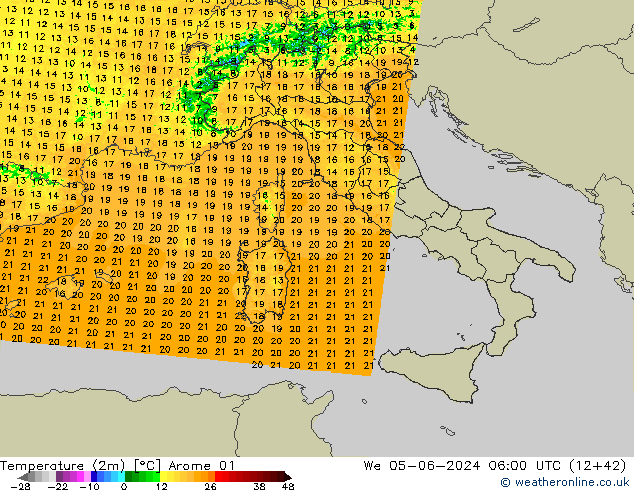 Temperatura (2m) Arome 01 mer 05.06.2024 06 UTC