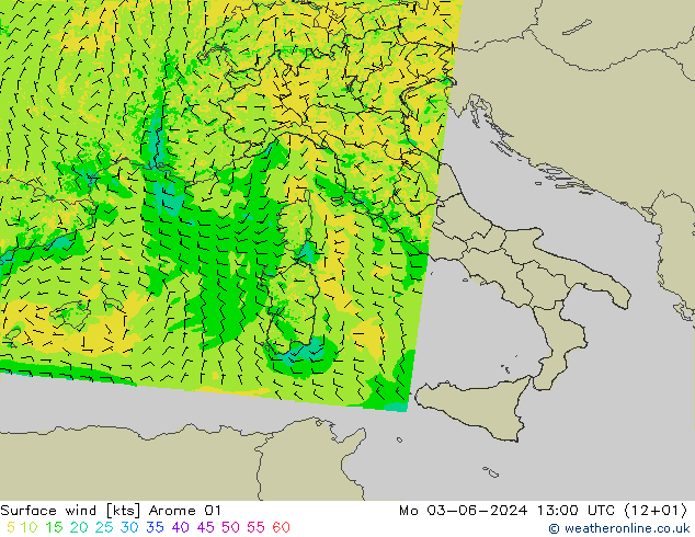 Surface wind Arome 01 Mo 03.06.2024 13 UTC