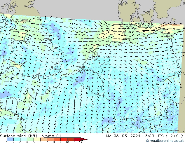 Surface wind (bft) Arome 01 Mo 03.06.2024 13 UTC