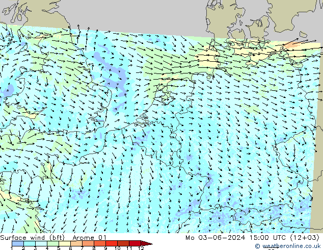 Wind 10 m (bft) Arome 01 ma 03.06.2024 15 UTC