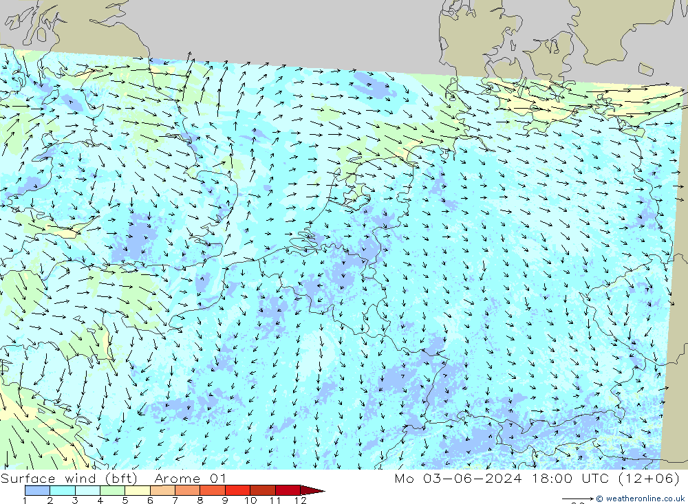 Vent 10 m (bft) Arome 01 lun 03.06.2024 18 UTC