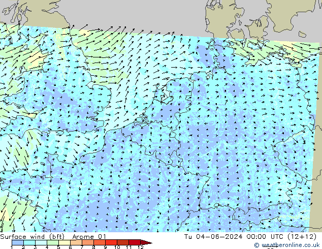 Rüzgar 10 m (bft) Arome 01 Sa 04.06.2024 00 UTC