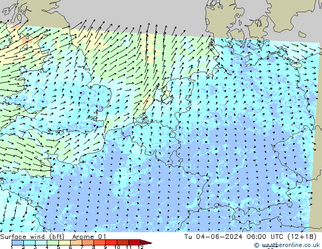 Wind 10 m (bft) Arome 01 di 04.06.2024 06 UTC