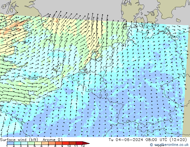 Bodenwind (bft) Arome 01 Di 04.06.2024 08 UTC