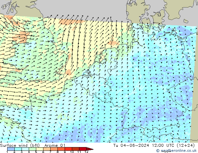 �N 10 米 (bft) Arome 01 星期二 04.06.2024 12 UTC