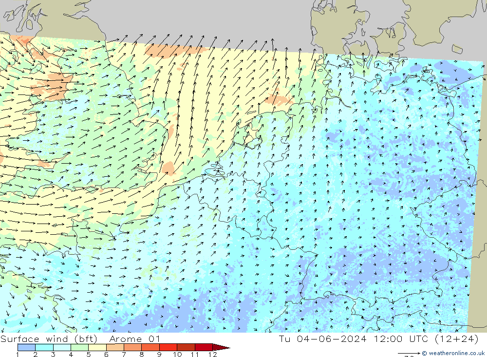 Surface wind (bft) Arome 01 Út 04.06.2024 12 UTC