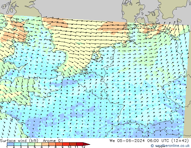 Surface wind (bft) Arome 01 We 05.06.2024 06 UTC