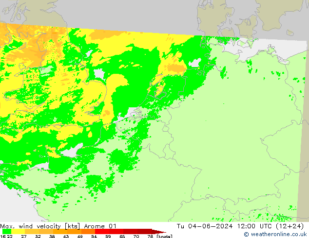 Max. wind velocity Arome 01 Tu 04.06.2024 12 UTC