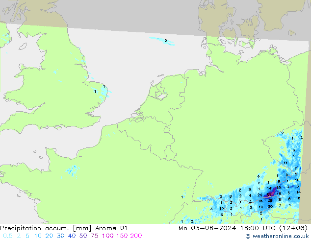 Precipitation accum. Arome 01 Po 03.06.2024 18 UTC