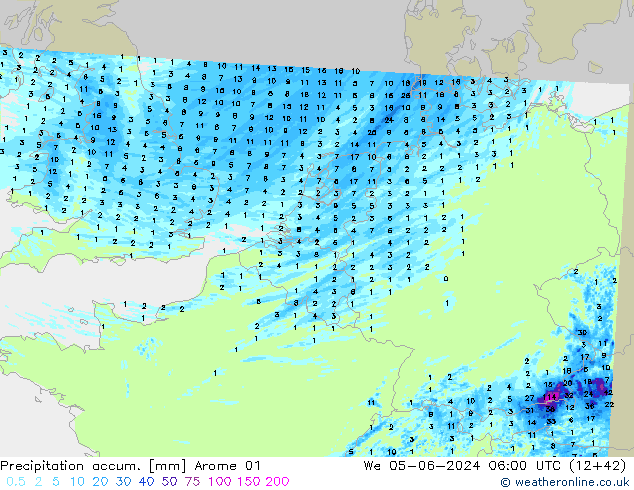 Totale neerslag Arome 01 wo 05.06.2024 06 UTC