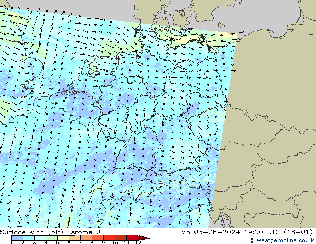 wiatr 10 m (bft) Arome 01 pon. 03.06.2024 19 UTC